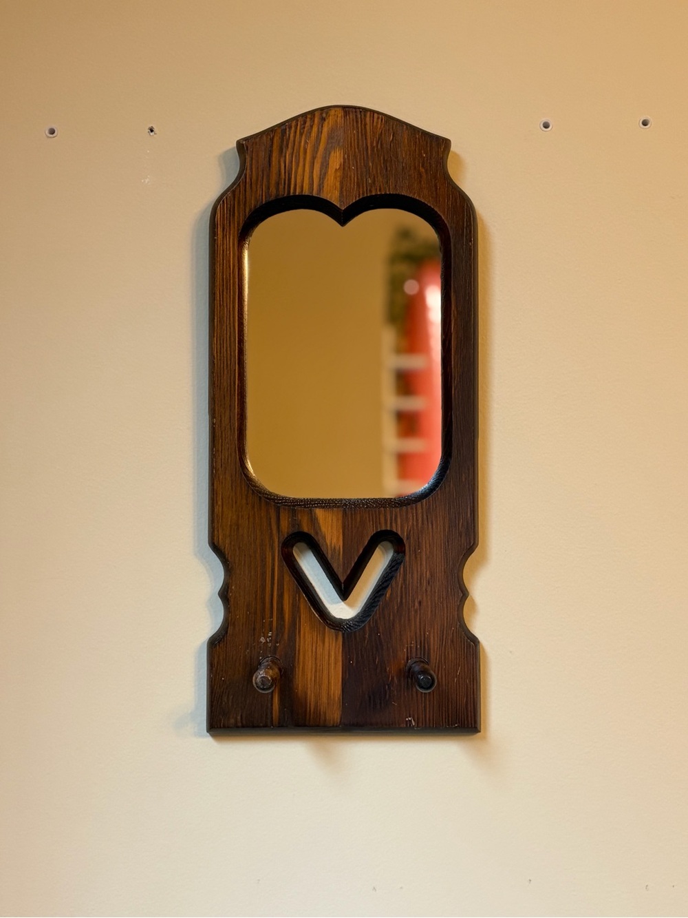 Vintage Wood Wall Mirror with Heart Accent